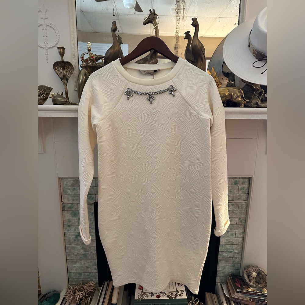 Quilted sweatshirt dress with jewel led neckline